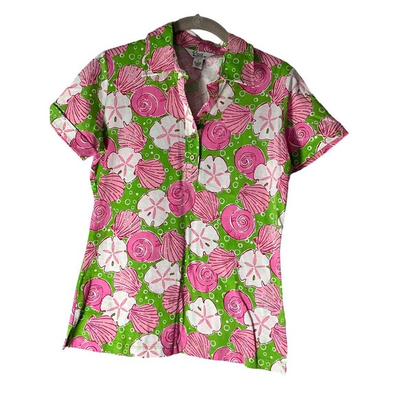 Lilly Pulitzer Women's Small Sea Shell Polo Style Shirt Green/Pinks/White - Picture 2 of 5